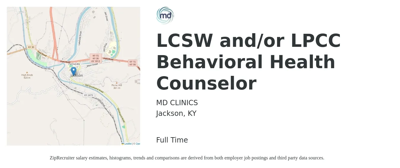 MD CLINICS job posting for a LCSW and/or LPCC Behavioral Health Counselor in Jackson, KY with a salary of $38,000 to $53,800 Yearly with a map of Jackson location.
