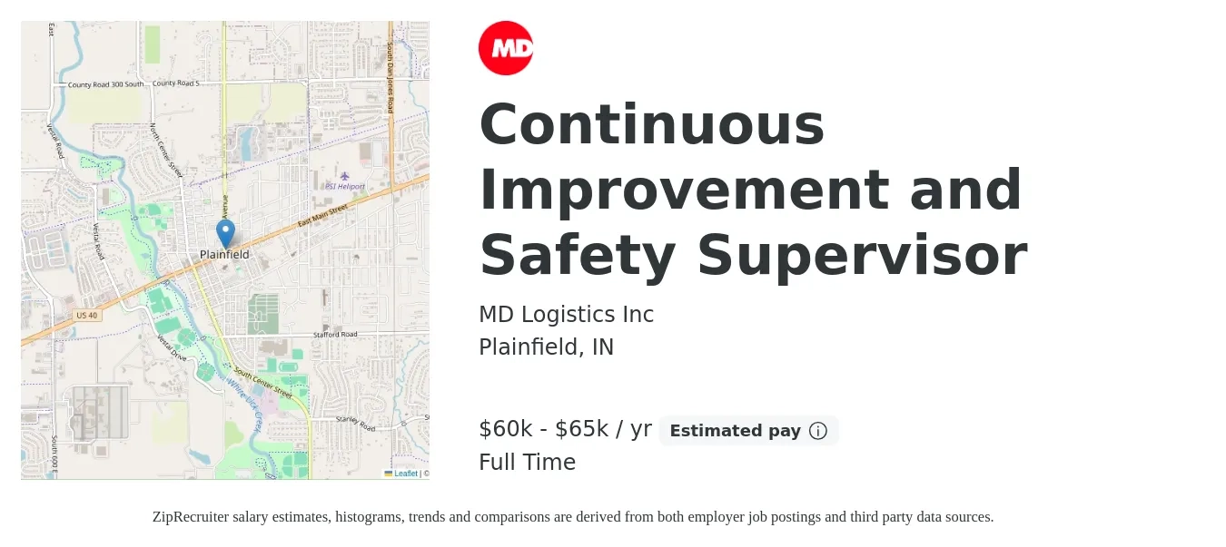 MD Logistics Inc job posting for a Continuous Improvement and Safety Supervisor in Plainfield, IN with a salary of $60,000 to $65,000 Yearly with a map of Plainfield location.