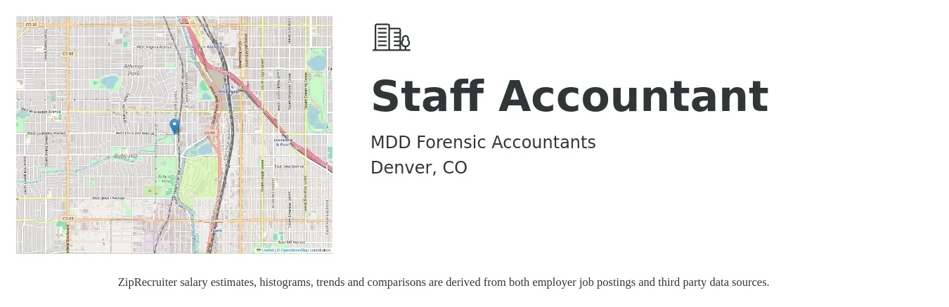 MDD Forensic Accountants job posting for a Staff Accountant in Denver, CO with a salary of $56,600 to $74,600 Yearly with a map of Denver location.