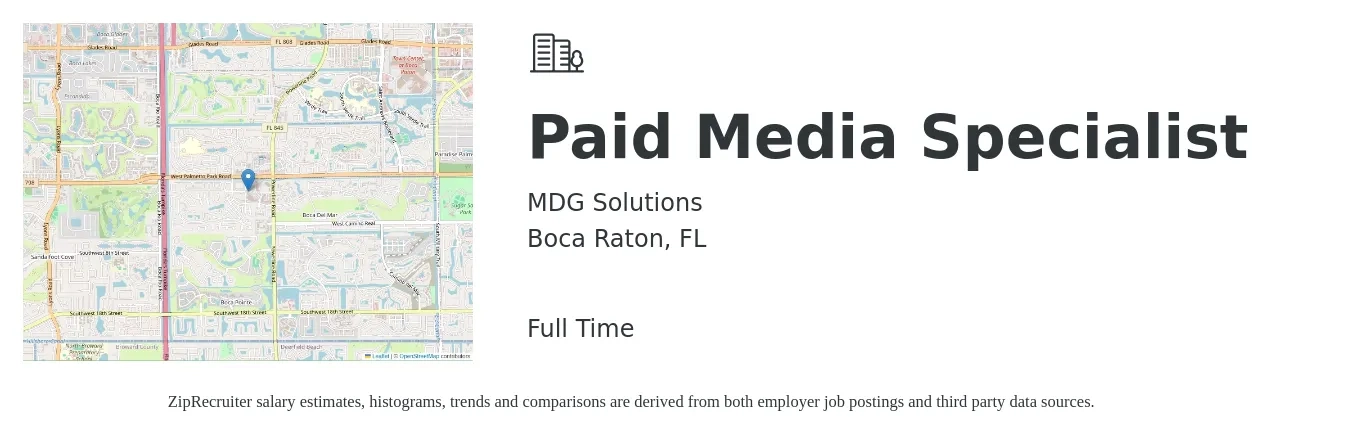 MDG Solutions job posting for a Paid Media Specialist in Boca Raton, FL with a salary of $39,700 to $58,700 Yearly with a map of Boca Raton location.