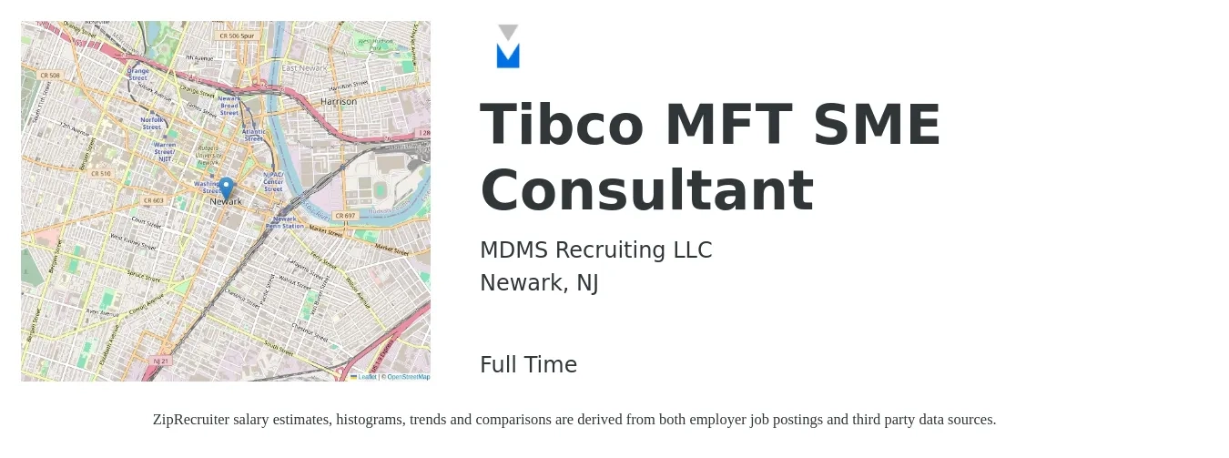 MDMS Recruiting LLC job posting for a Tibco MFT SME Consultant in Newark, NJ with a salary of $52 to $71 Hourly with a map of Newark location.