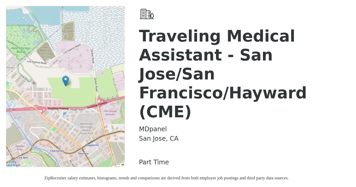 MDpanel job posting for a Traveling Medical Assistant - San Jose/San Francisco/Hayward (CME) in San Jose, CA with a salary of $20 to $25 Hourly with a map of San Jose location.