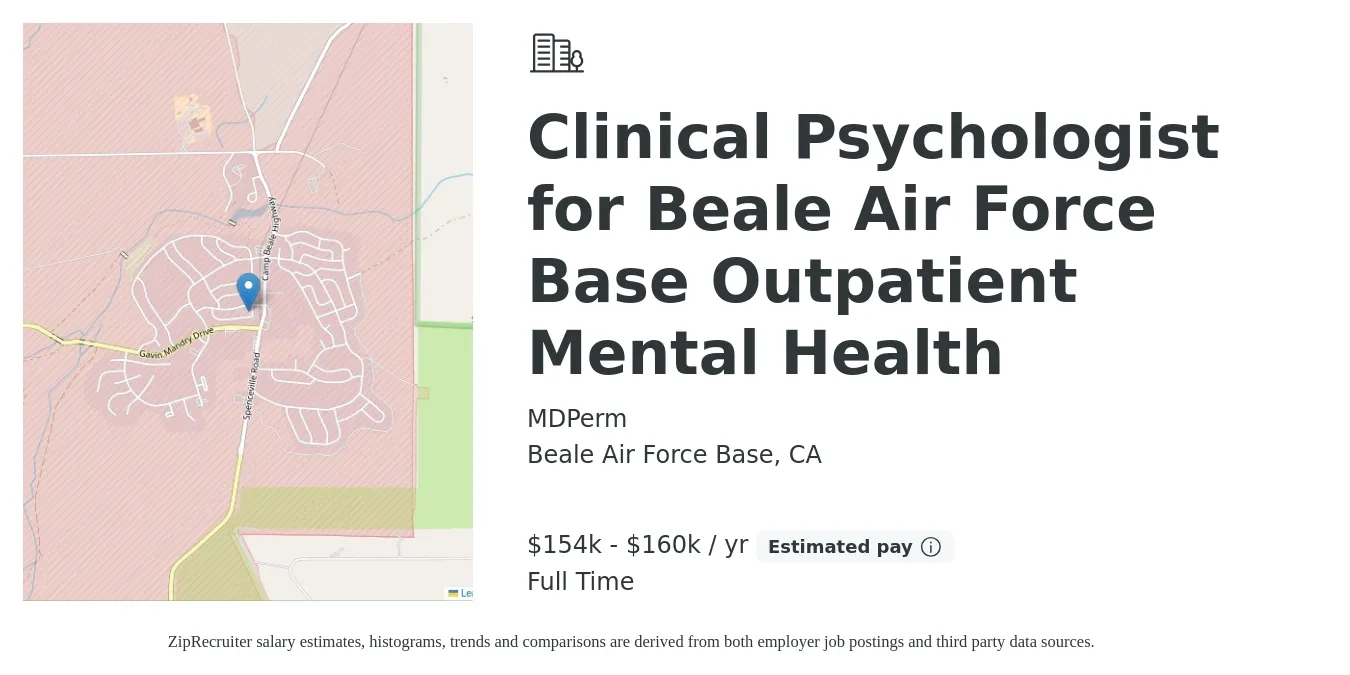 MDPerm job posting for a Clinical Psychologist for Beale Air Force Base Outpatient Mental Health in Beale Air Force Base, CA with a salary of $154,000 to $160,000 Yearly with a map of Beale Air Force Base location.
