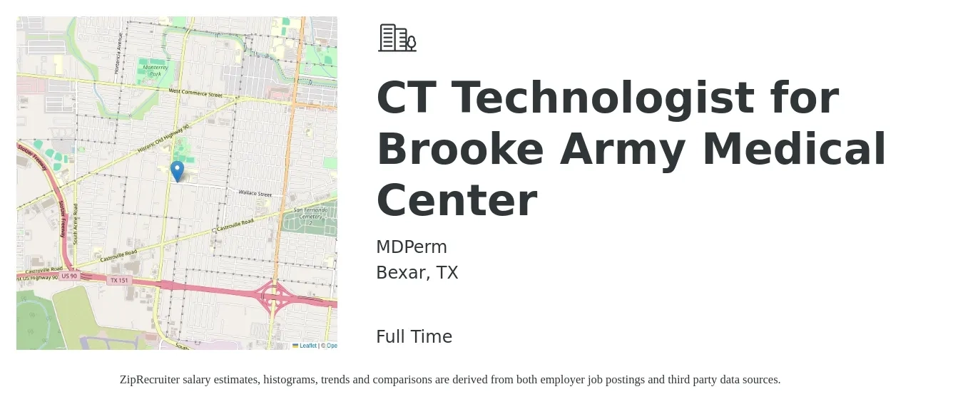 MDPerm job posting for a CT Technologist for Brooke Army Medical Center in Bexar, TX with a salary of $1,810 to $2,530 Weekly with a map of Bexar location.