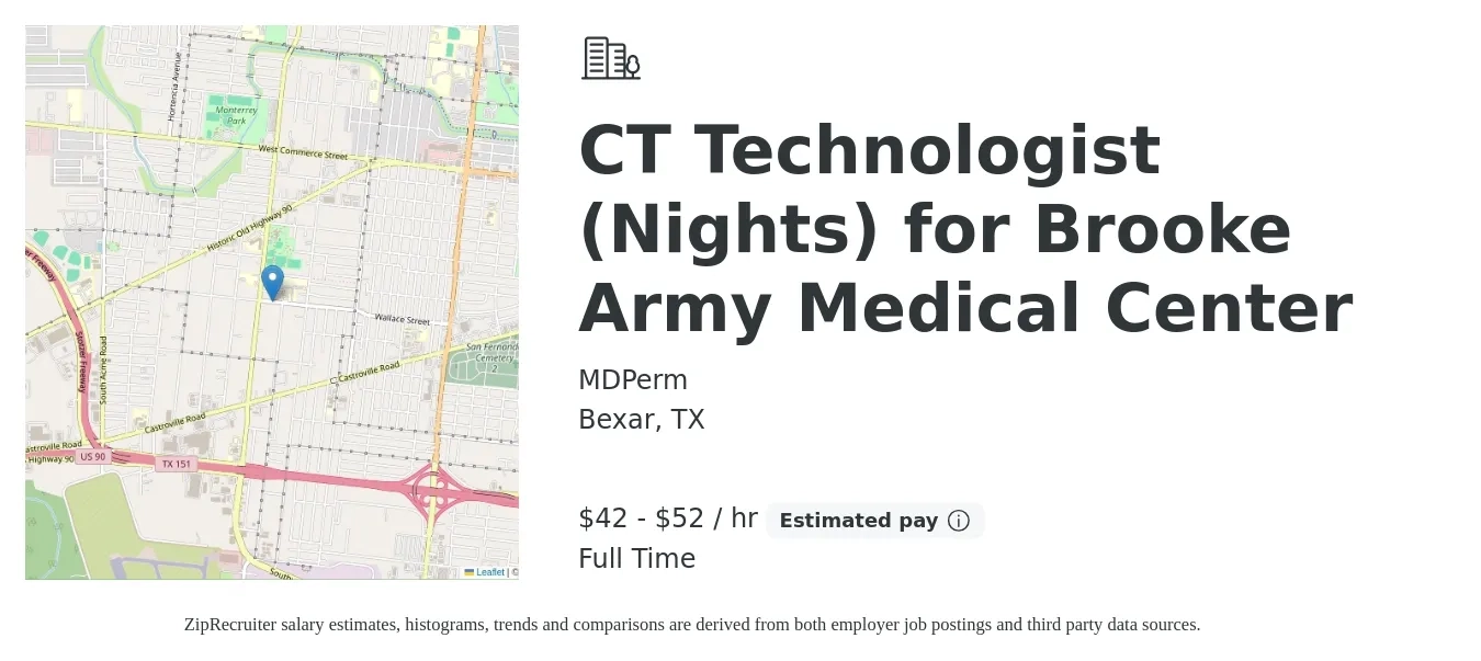 MDPerm job posting for a CT Technologist (Nights) for Brooke Army Medical Center in Bexar, TX with a salary of $42 to $52 Hourly with a map of Bexar location.