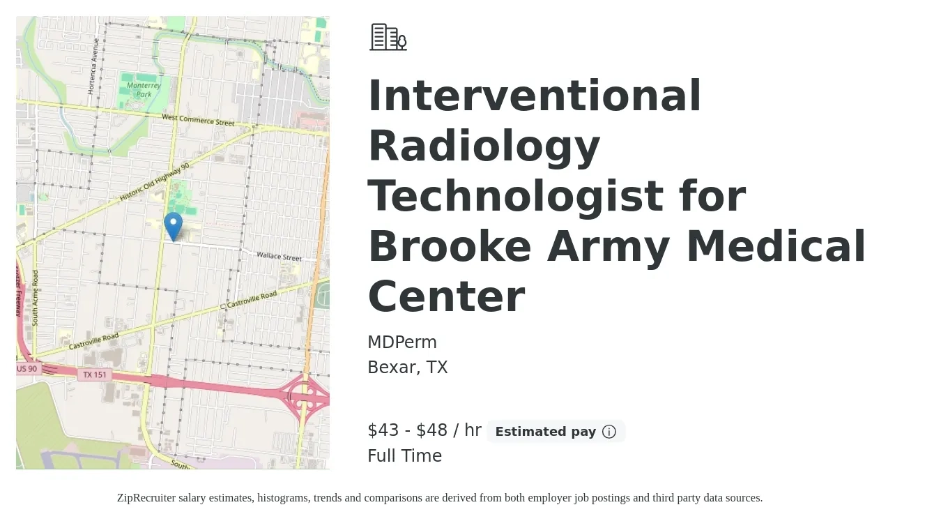 MDPerm job posting for a Interventional Radiology Technologist for Brooke Army Medical Center in Bexar, TX with a salary of $46 to $50 Hourly with a map of Bexar location.