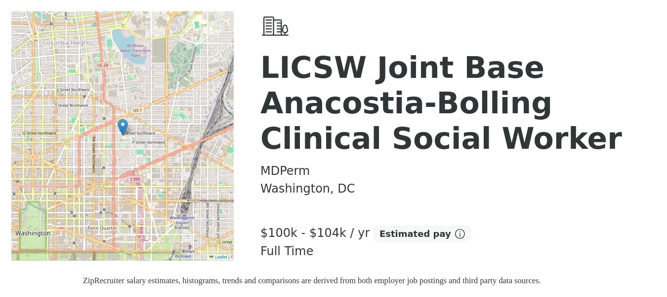 MDPerm job posting for a LICSW Joint Base Anacostia-Bolling Clinical Social Worker in Washington, DC with a salary of $100,000 to $104,000 Yearly with a map of Washington location.