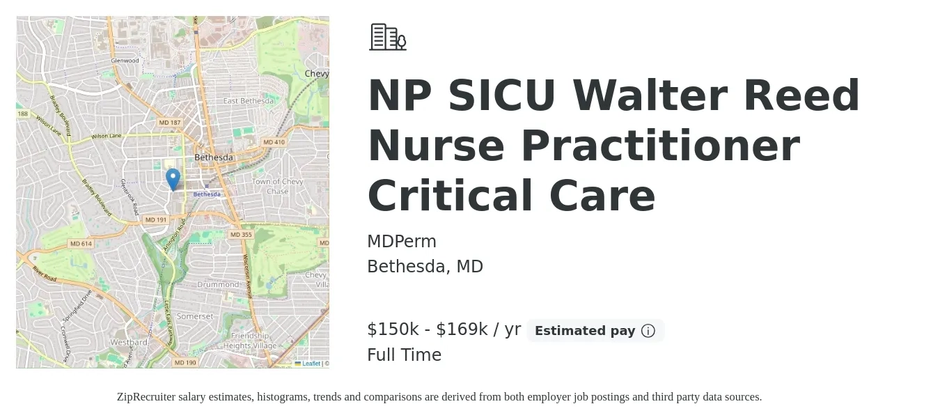 MDPerm job posting for a NP SICU Walter Reed Nurse Practitioner Critical Care in Bethesda, MD with a salary of $150,000 to $169,000 Yearly with a map of Bethesda location.