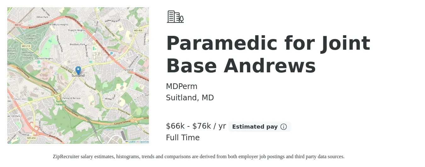 MDPerm job posting for a Paramedic for Joint Base Andrews in Suitland, MD with a salary of $66,500 to $76,000 Yearly with a map of Suitland location.