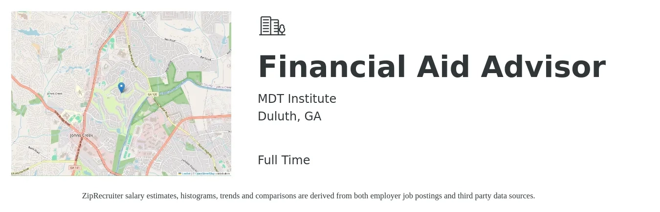 MDT Institute job posting for a Financial Aid Advisor in Duluth, GA with a salary of $19 to $24 Hourly with a map of Duluth location.