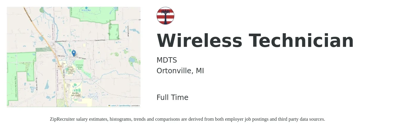 MDTS job posting for a Wireless Technician in Ortonville, MI with a salary of $17 to $27 Hourly with a map of Ortonville location.