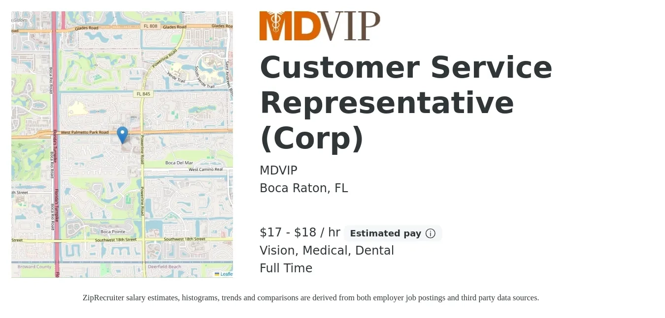 MDVIP job posting for a Customer Service Representative (Corp) in Boca Raton, FL with a salary of $18 to $19 Hourly and benefits including life_insurance, medical, pto, retirement, vision, and dental with a map of Boca Raton location.