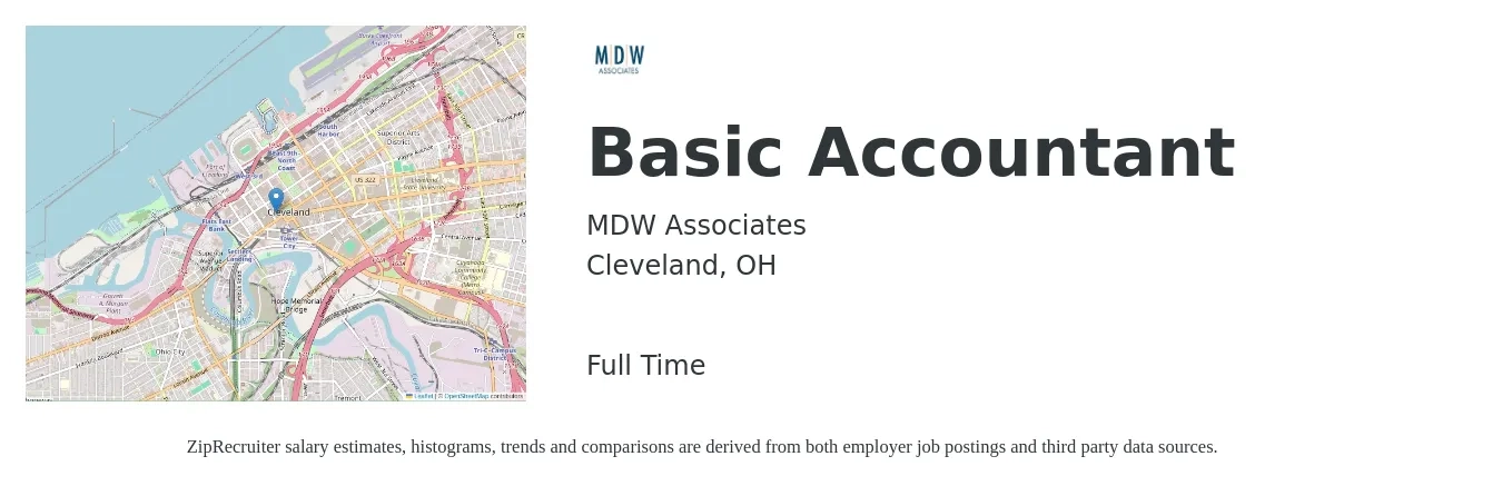 MDW Associates job posting for a Basic Accountant in Cleveland, OH with a salary of $51,900 to $76,200 Yearly with a map of Cleveland location.