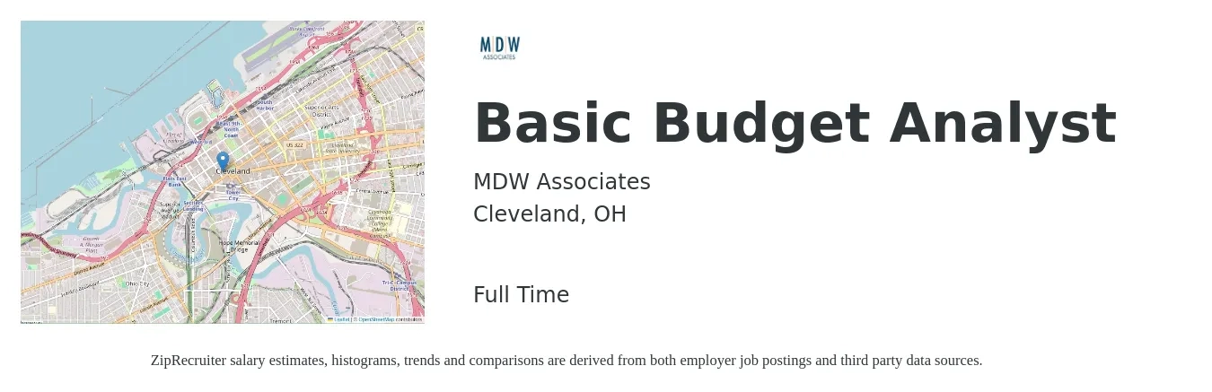 MDW Associates job posting for a Basic Budget Analyst in Cleveland, OH with a salary of $57,700 to $95,600 Yearly with a map of Cleveland location.