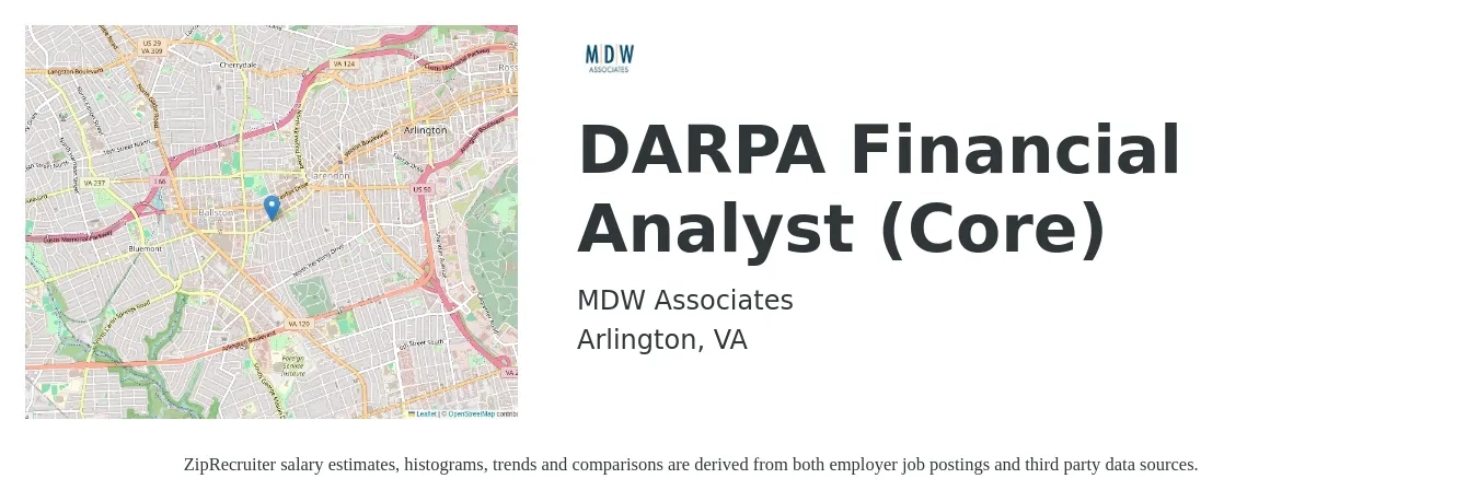 MDW Associates job posting for a DARPA Financial Analyst (Core) in Arlington, VA with a salary of $80,700 to $127,300 Yearly with a map of Arlington location.