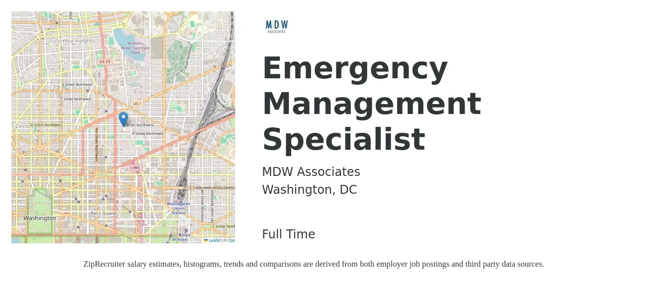 MDW Associates job posting for a Emergency Management Specialist in Washington, DC with a salary of $82,600 to $126,800 Yearly with a map of Washington location.