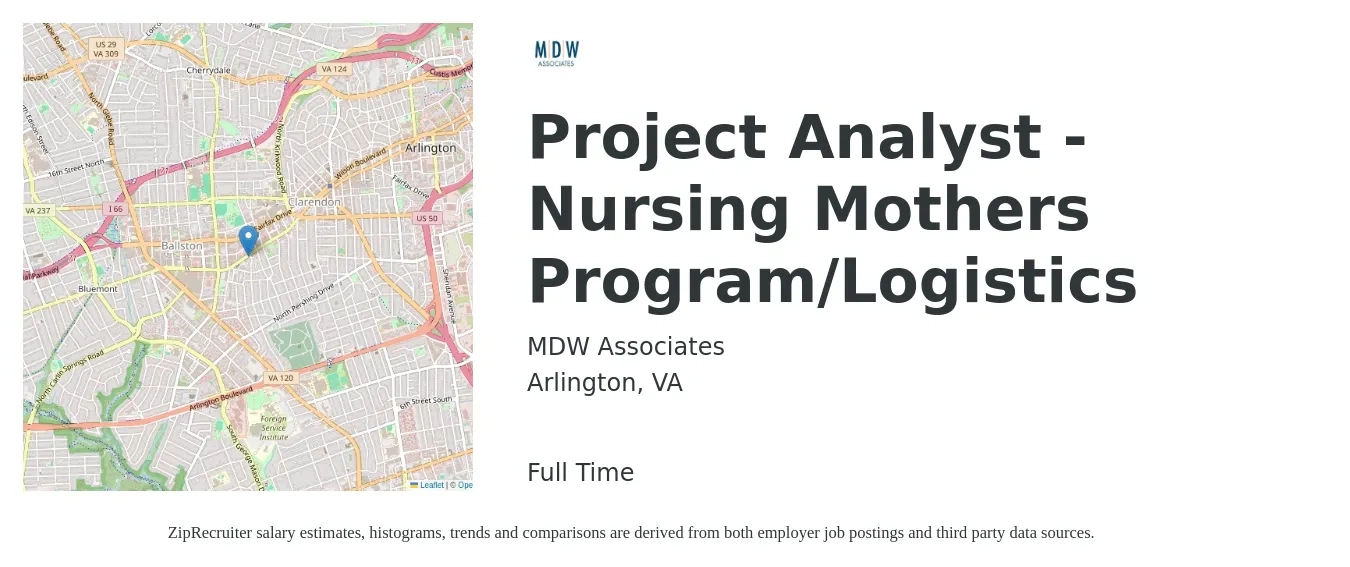 MDW Associates job posting for a Project Analyst - Nursing Mothers Program/Logistics in Arlington, VA with a salary of $78,800 to $132,600 Yearly with a map of Arlington location.