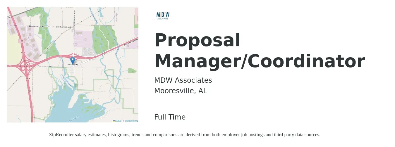 MDW Associates job posting for a Proposal Manager/Coordinator in Mooresville, AL with a salary of $49,800 to $66,200 Yearly with a map of Mooresville location.
