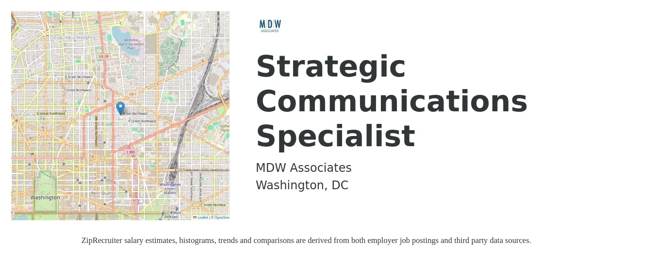 MDW Associates job posting for a Strategic Communications Specialist in Washington, DC with a salary of $88,900 to $142,100 Yearly with a map of Washington location.