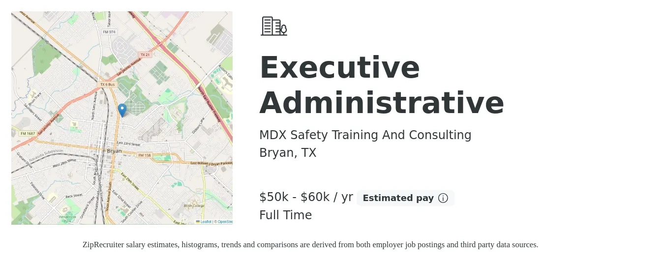 MDX Safety Training And Consulting job posting for a Executive Administrative in Bryan, TX with a salary of $50,000 to $60,000 Yearly with a map of Bryan location.