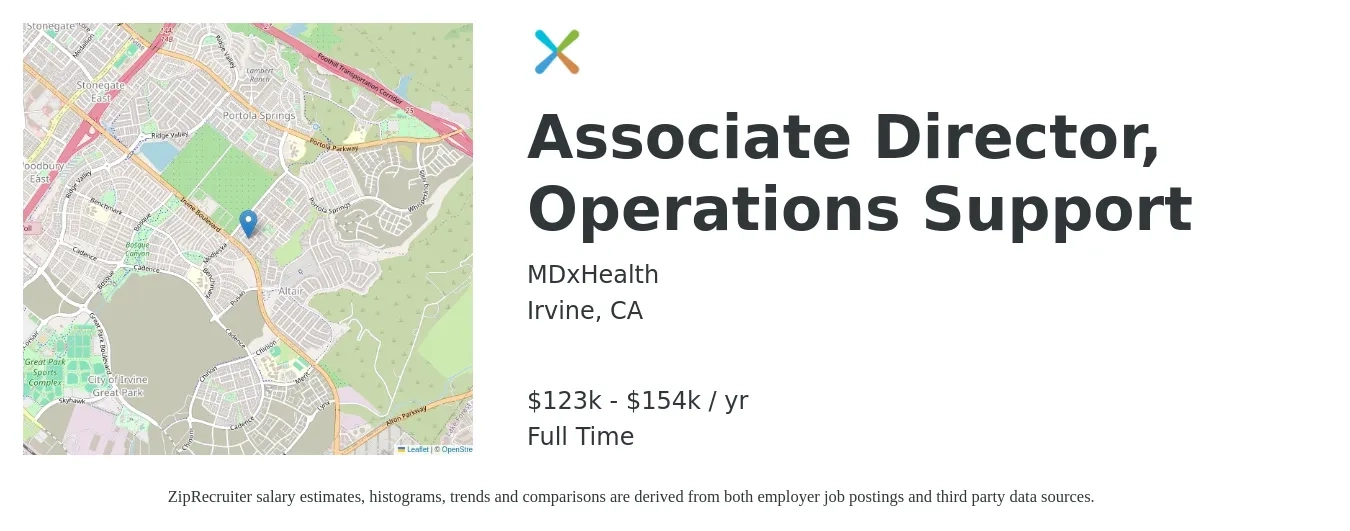 MDxHealth job posting for a Associate Director, Operations Support in Irvine, CA with a salary of $123,300 to $154,000 Yearly with a map of Irvine location.