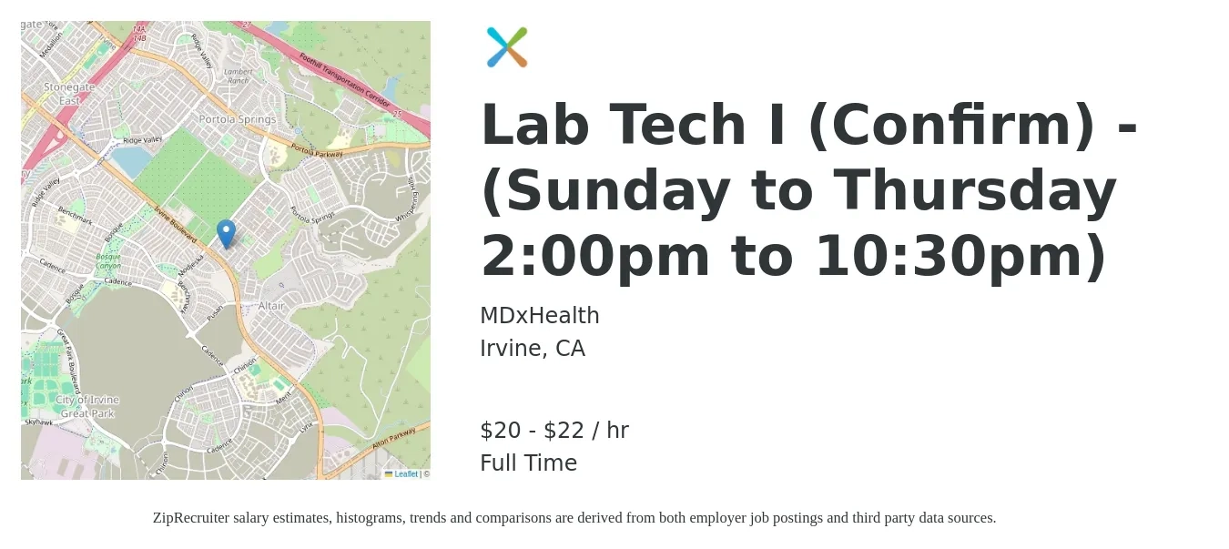 MDxHealth job posting for a Lab Tech I (Confirm) - (Sunday to Thursday 2:00pm to 10:30pm) in Irvine, CA with a salary of $22 to $23 Hourly with a map of Irvine location.
