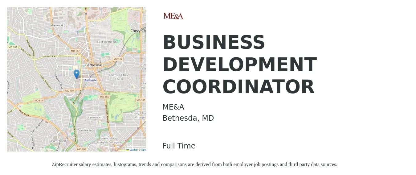 ME&A job posting for a BUSINESS DEVELOPMENT COORDINATOR in Bethesda, MD with a salary of $45,900 to $70,400 Yearly with a map of Bethesda location.