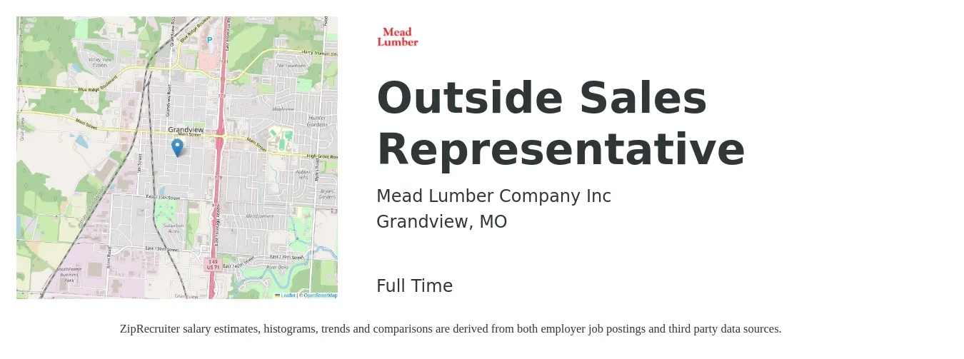 Mead Lumber Company Inc job posting for a Outside Sales Representative in Grandview, MO with a salary of $51,500 to $88,400 Yearly with a map of Grandview location.