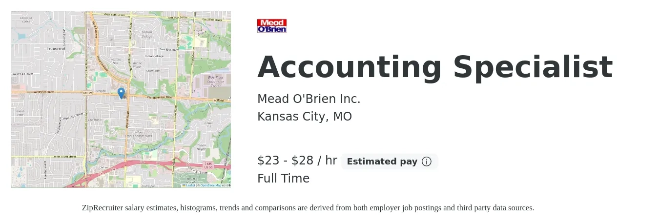 Mead O'Brien Inc. job posting for a Accounting Specialist in Kansas City, MO with a salary of $24 to $30 Hourly with a map of Kansas City location.