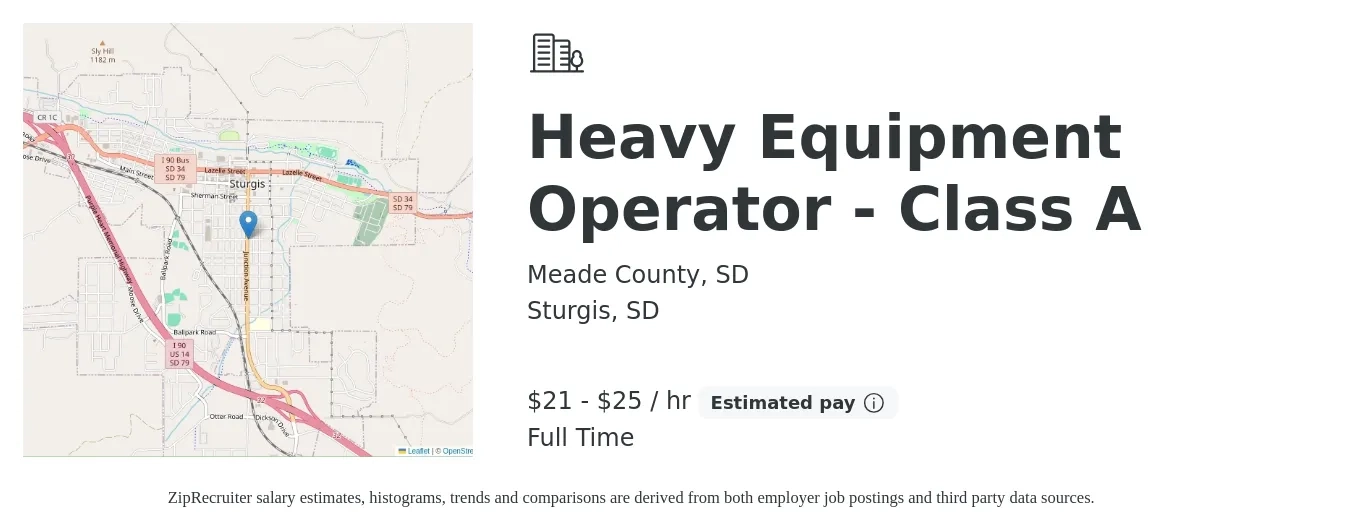 Meade County, SD job posting for a Heavy Equipment Operator - Class A in Sturgis, SD with a salary of $22 to $27 Hourly with a map of Sturgis location.