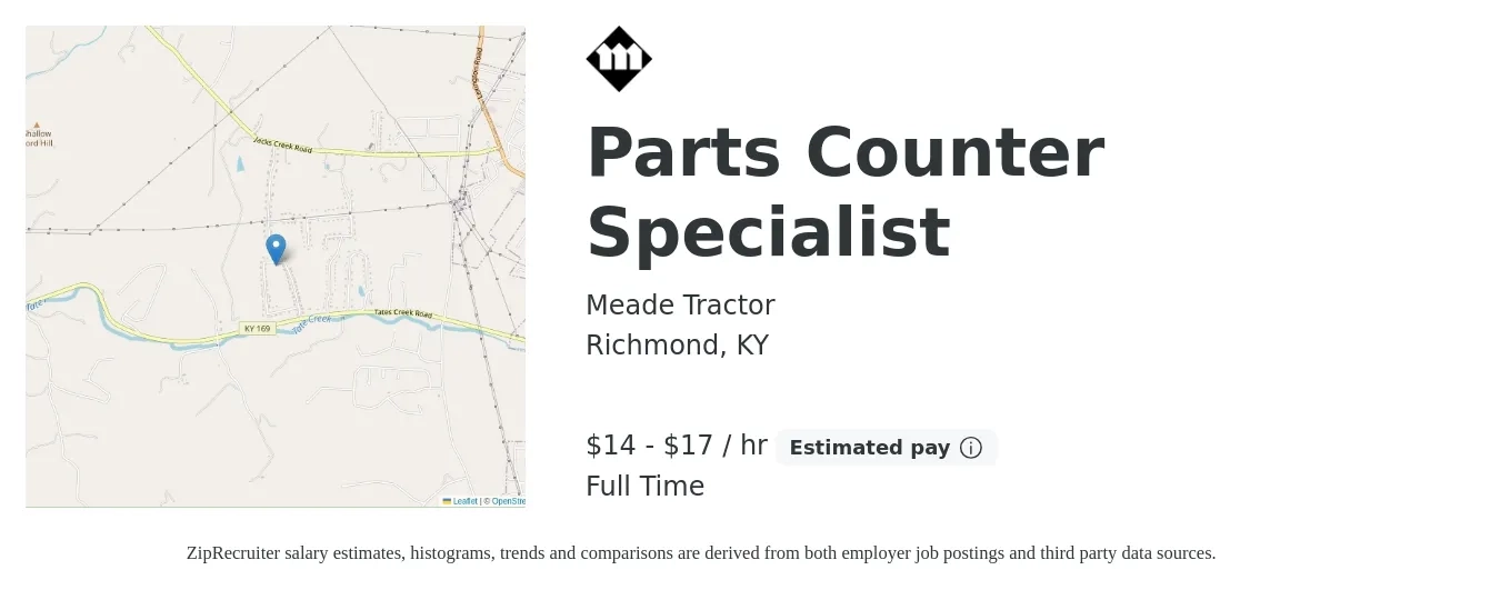 Meade Tractor job posting for a Parts Counter Specialist in Richmond, KY with a salary of $15 to $18 Hourly with a map of Richmond location.