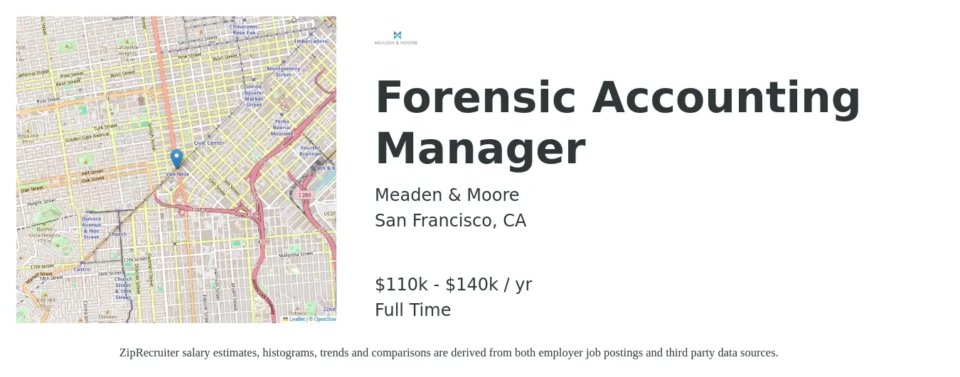Meaden & Moore job posting for a Forensic Accounting Manager in San Francisco, CA with a salary of $110,000 to $140,000 Yearly with a map of San Francisco location.