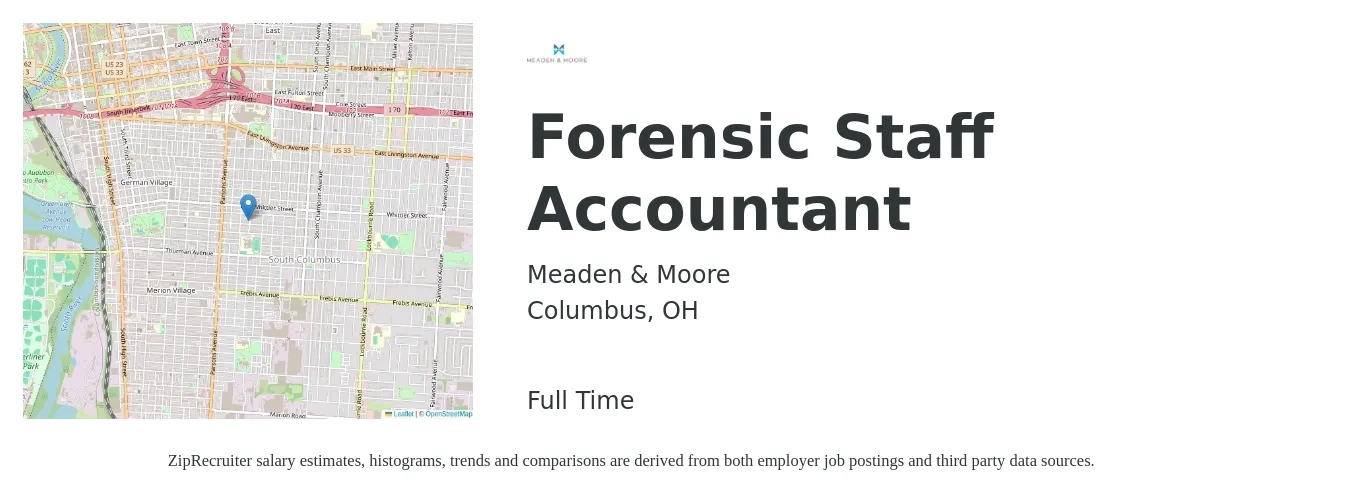 Meaden & Moore job posting for a Forensic Staff Accountant in Columbus, OH with a salary of $53,100 to $70,000 Yearly with a map of Columbus location.