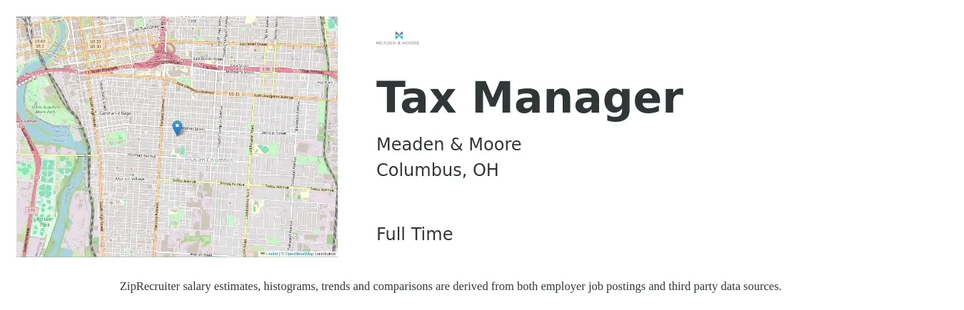 Meaden & Moore job posting for a Tax Manager in Columbus, OH with a salary of $107,200 to $140,500 Yearly with a map of Columbus location.