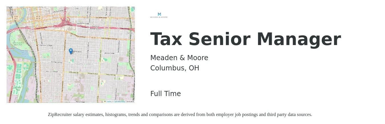 Meaden & Moore job posting for a Tax Senior Manager in Columbus, OH with a salary of $87,900 to $139,100 Yearly with a map of Columbus location.