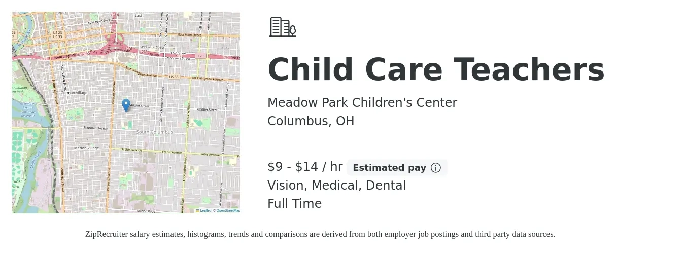 Meadow Park Children's Center job posting for a Child Care Teachers in Columbus, OH with a salary of $10 to $15 Hourly and benefits including dental, medical, and vision with a map of Columbus location.