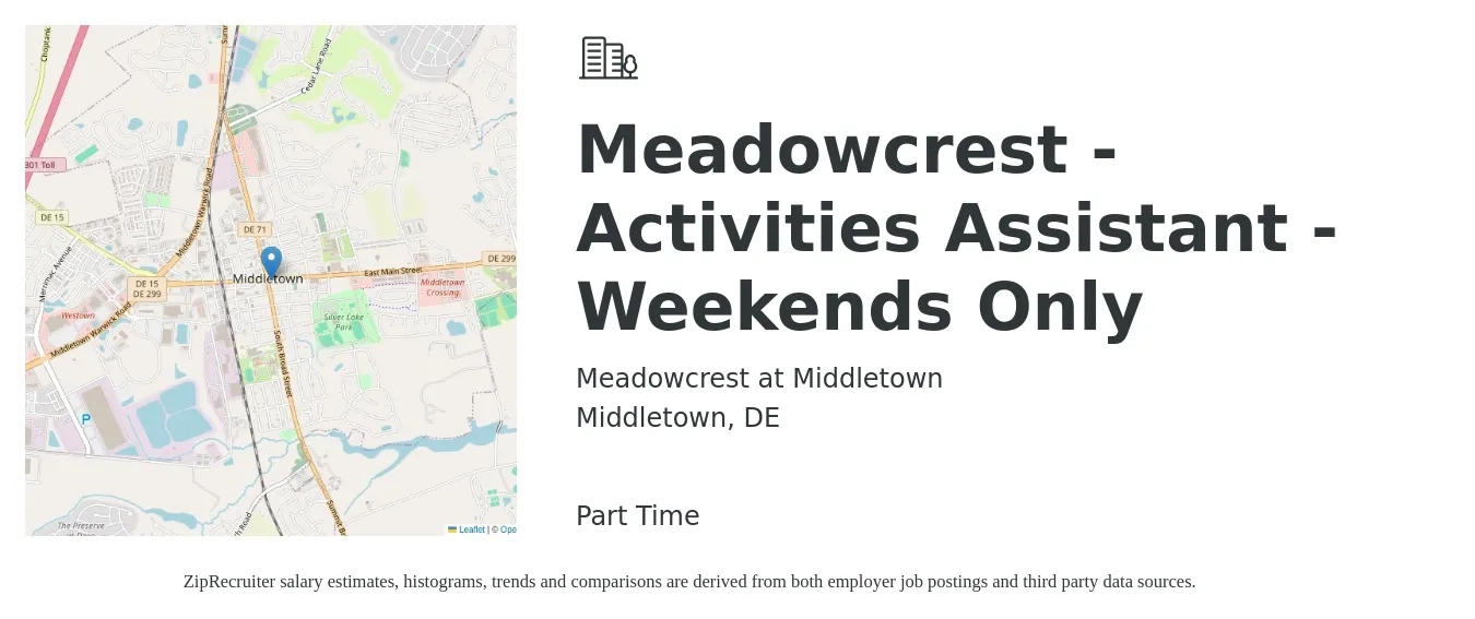 Meadowcrest at Middletown job posting for a Meadowcrest - Activities Assistant - Weekends Only in Middletown, DE with a salary of $14 to $17 Hourly with a map of Middletown location.