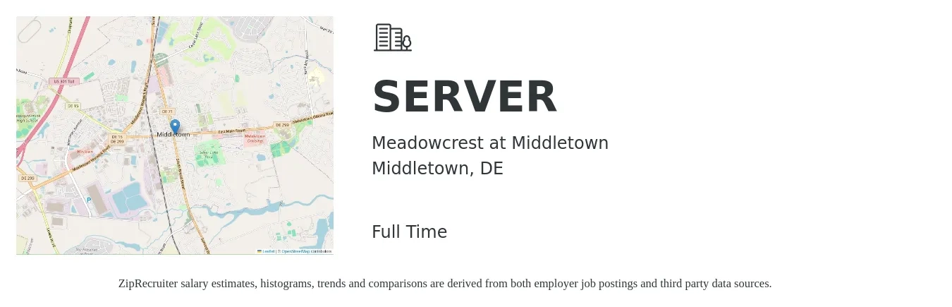Meadowcrest at Middletown job posting for a SERVER in Middletown, DE with a salary of $10 to $17 Hourly with a map of Middletown location.