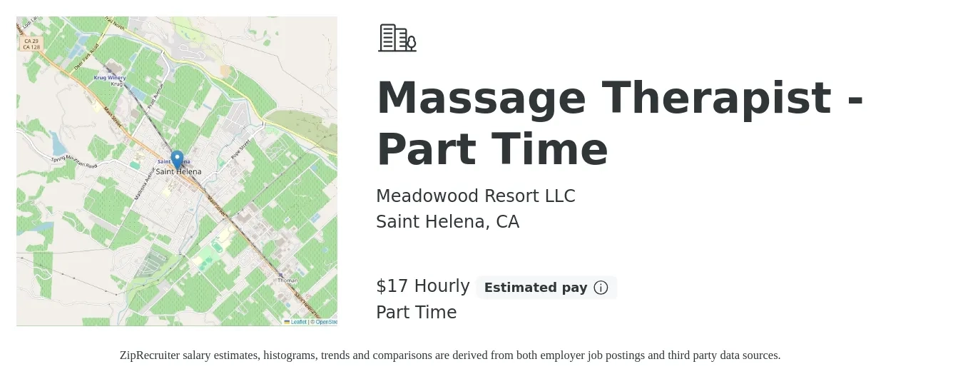 Meadowood Resort LLC job posting for a Massage Therapist - Part Time in Saint Helena, CA with a salary of $18 Hourly with a map of Saint Helena location.