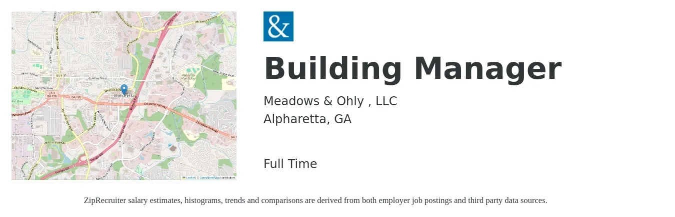 Meadows & Ohly , LLC job posting for a Building Manager in Alpharetta, GA with a salary of $48,800 to $98,600 Yearly with a map of Alpharetta location.