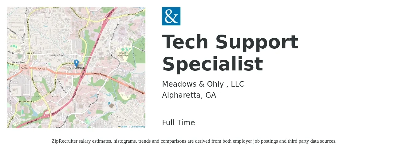 Meadows & Ohly , LLC job posting for a Tech Support Specialist in Alpharetta, GA with a salary of $20 to $31 Hourly with a map of Alpharetta location.
