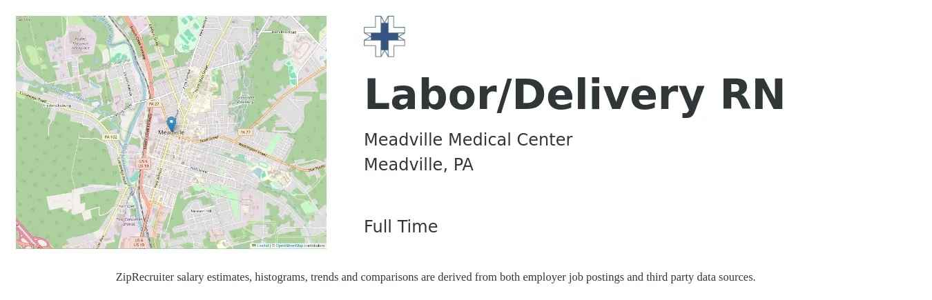 Meadville Medical Center job posting for a Labor/Delivery RN in Meadville, PA with a salary of $1,820 to $2,650 Weekly with a map of Meadville location.