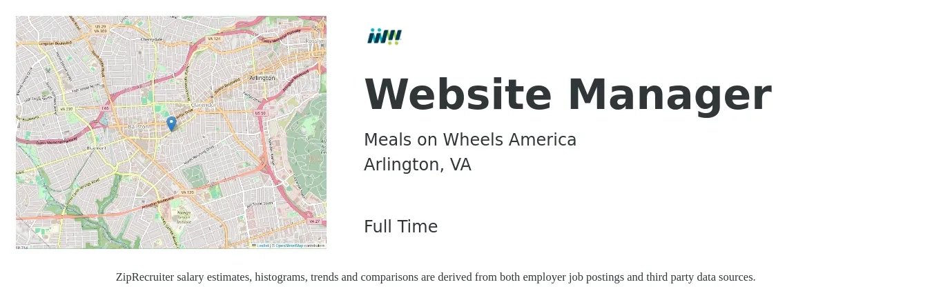Meals on Wheels America job posting for a Website Manager in Arlington, VA with a salary of $66,000 to $71,000 Yearly with a map of Arlington location.