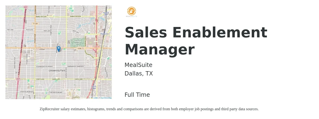 MealSuite job posting for a Sales Enablement Manager in Dallas, TX with a salary of $47 to $70 Hourly with a map of Dallas location.
