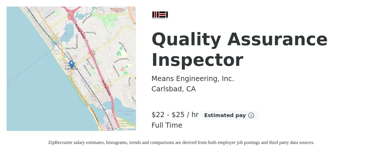 Means Engineering, Inc. job posting for a Quality Assurance Inspector in Carlsbad, CA with a salary of $23 to $27 Hourly with a map of Carlsbad location.