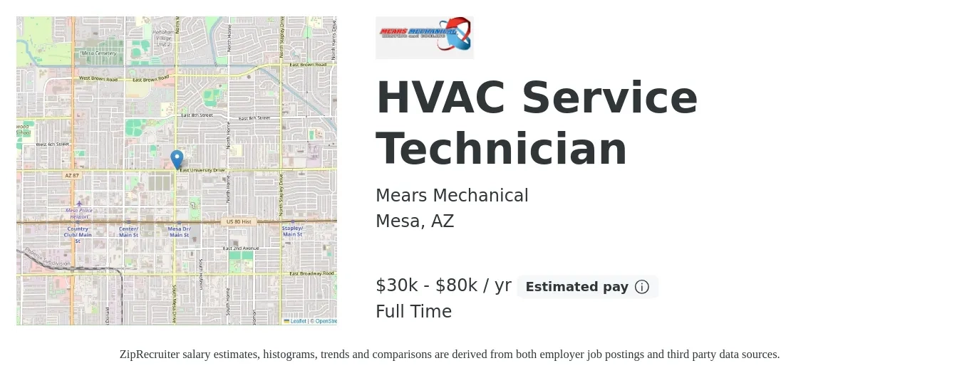 Mears Mechanical job posting for a HVAC Service Technician in Mesa, AZ with a salary of $30,000 to $80,000 Yearly (plus commission) and benefits including pto, and retirement with a map of Mesa location.