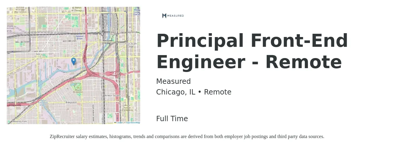 Measured job posting for a Principal Front-End Engineer - Remote in Chicago, IL with a salary of $139,000 to $186,400 Yearly with a map of Chicago location.