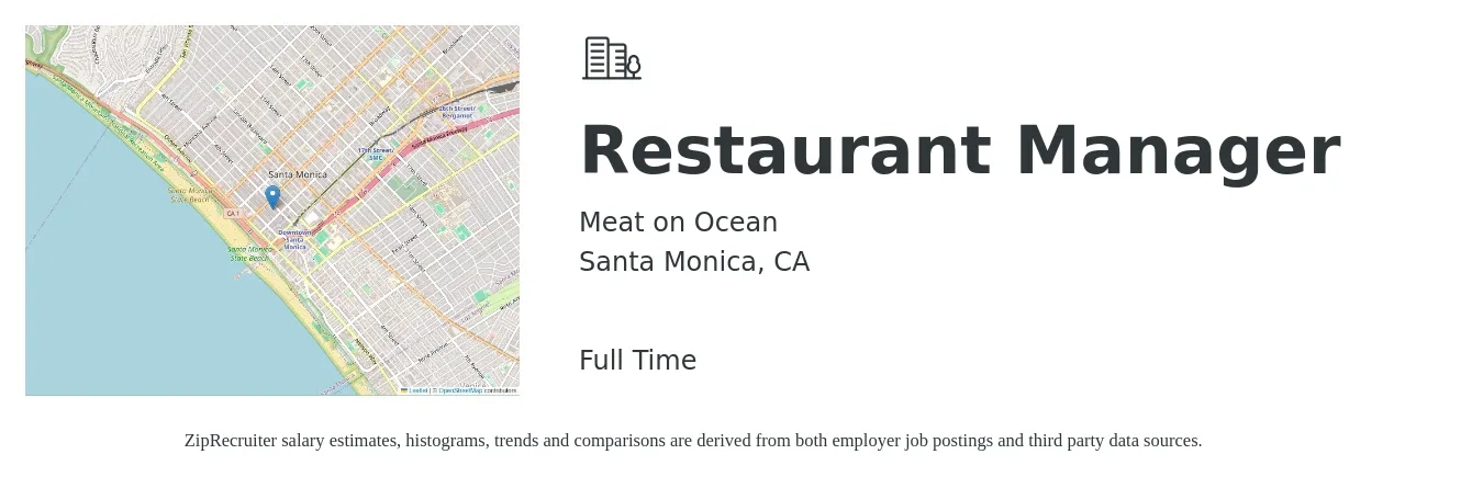 Meat on Ocean job posting for a Restaurant Manager in Santa Monica, CA with a salary of $50,500 to $71,300 Yearly with a map of Santa Monica location.