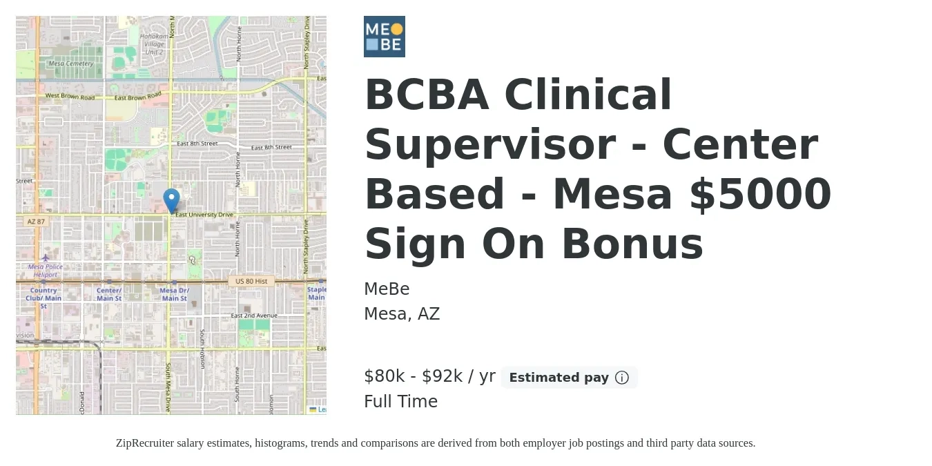 MeBe job posting for a BCBA Clinical Supervisor - Center Based - Mesa $5000 Sign On Bonus in Mesa, AZ with a salary of $76,000 to $88,000 Yearly with a map of Mesa location.