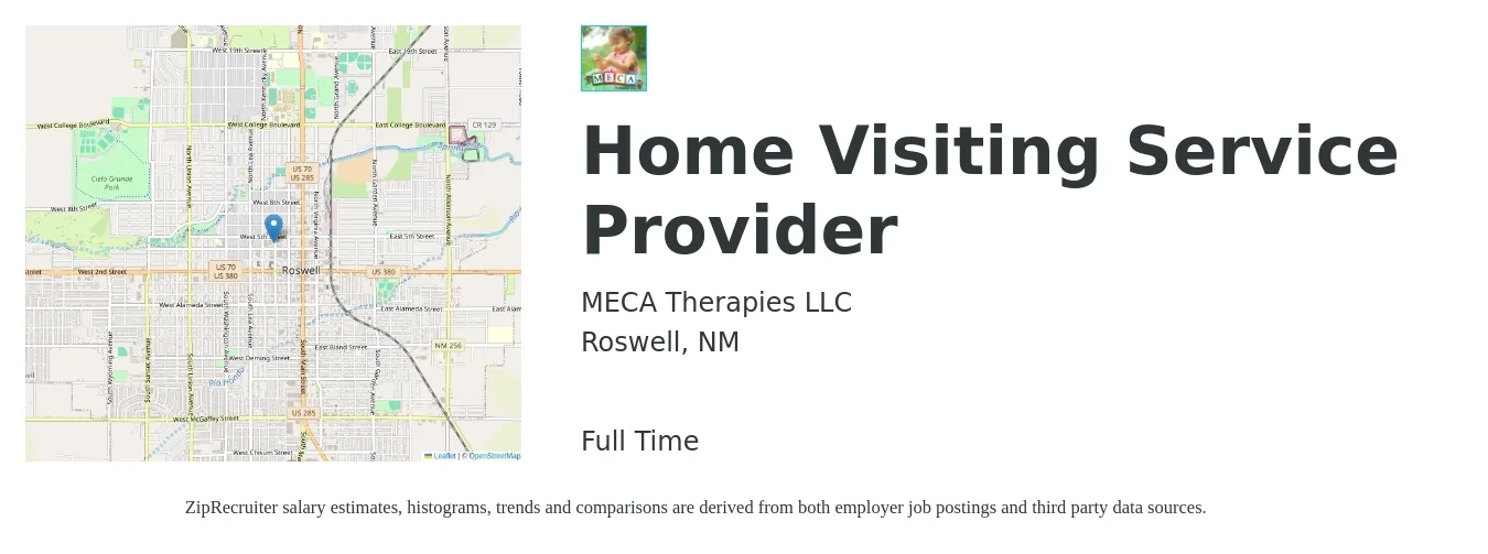 MECA Therapies LLC job posting for a Home Visiting Service Provider in Roswell, NM with a salary of $19 to $25 Hourly with a map of Roswell location.